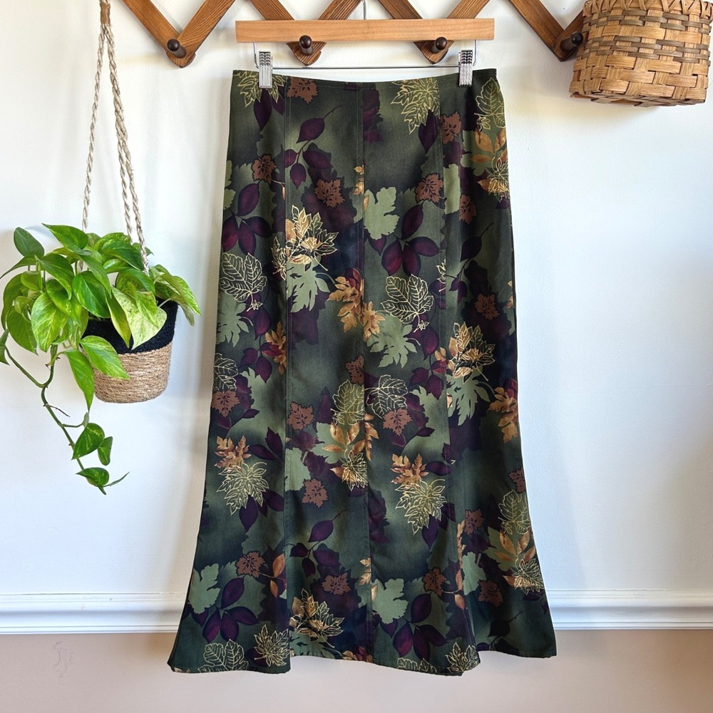Vintage Original TY Wear Womens Green Floral Leaf Print A-Line Midi Skirt Fall